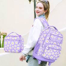 Set Tas Ransel Sekolah Anak Perempuan Motif Bunga Daisy Ungu 3 Buah, Model Oxford, dengan Roda, Tali Bahu yang Dapat Diatur, dan Penutup Resleting, Cocok untuk Kembali ke Sekolah & Bepergian. - 21 Daisy Tuas Tunggal - View 6