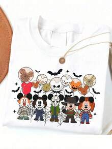 Oversize T-Shirt Disney Mickey Mouse Balloon Costume Horror Characters Shirt 100% Cotton For Women, Suitable For Daily Outings Summer Casual Wear - 白色 - 查看 1