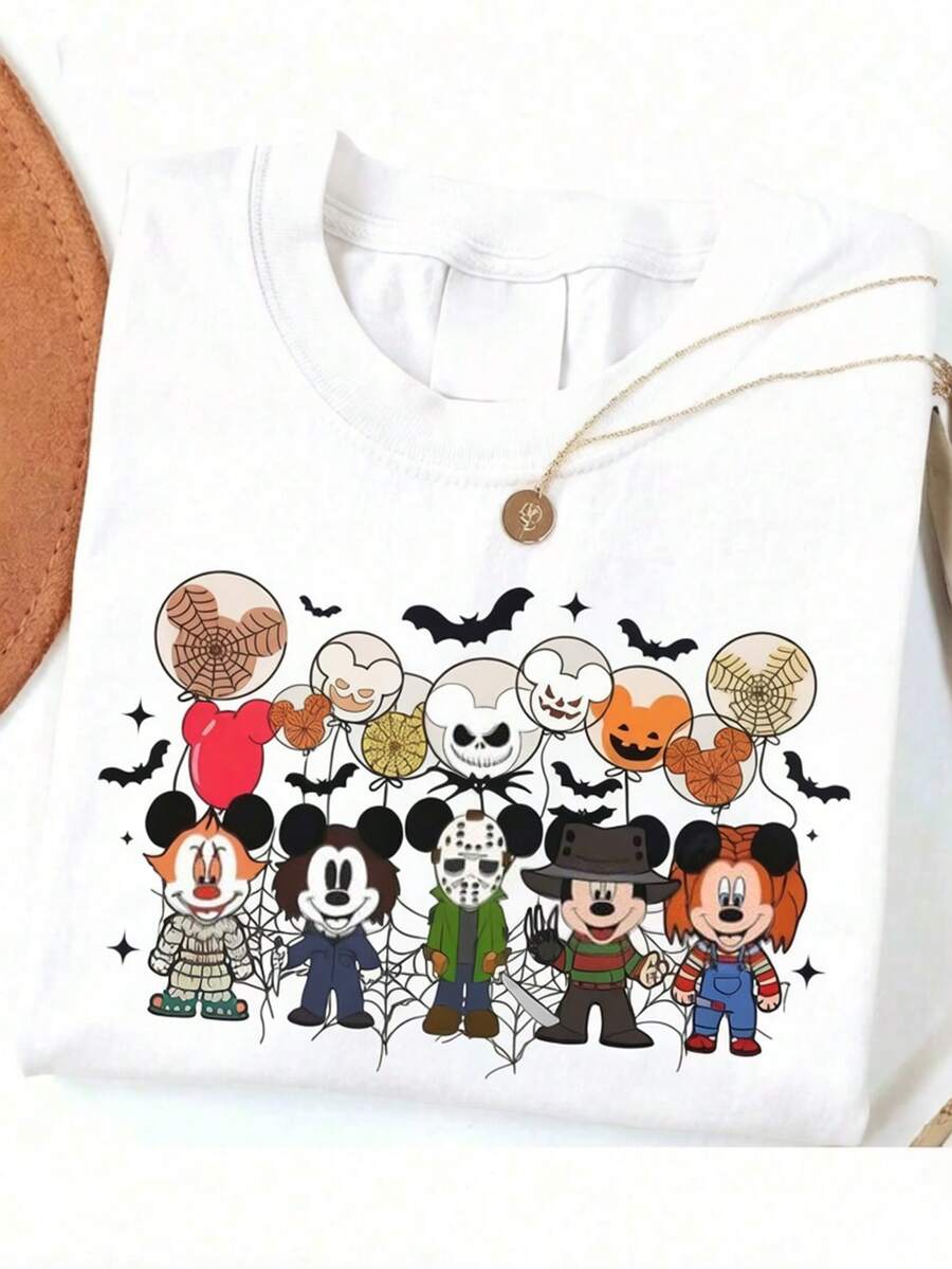 Oversize T-Shirt Disney Mickey Mouse Balloon Costume Horror Characters Shirt 100% Cotton For Women, Suitable For Daily Outings Summer Casual Wear - 白色 - 查看 1