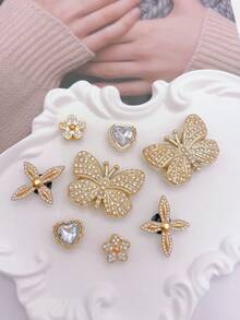 8pcs Gold Rhinestone Large Butterfly, Flower, Heart Shape Shoe Charms DIY Detachable - Personalized Footwear Style - Gold - View 1