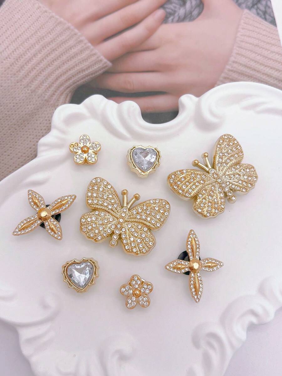 8pcs Gold Rhinestone Large Butterfly, Flower, Heart Shape Shoe Charms DIY Detachable - Personalized Footwear Style - Gold - View 1