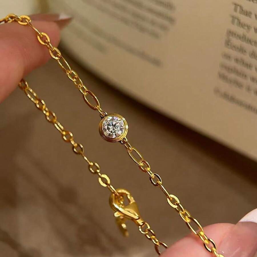 法式復古 18K 金鍍圓形鋯石細緻極簡鏈條手鍊 女款珠寶 - 金色 - 查看 1