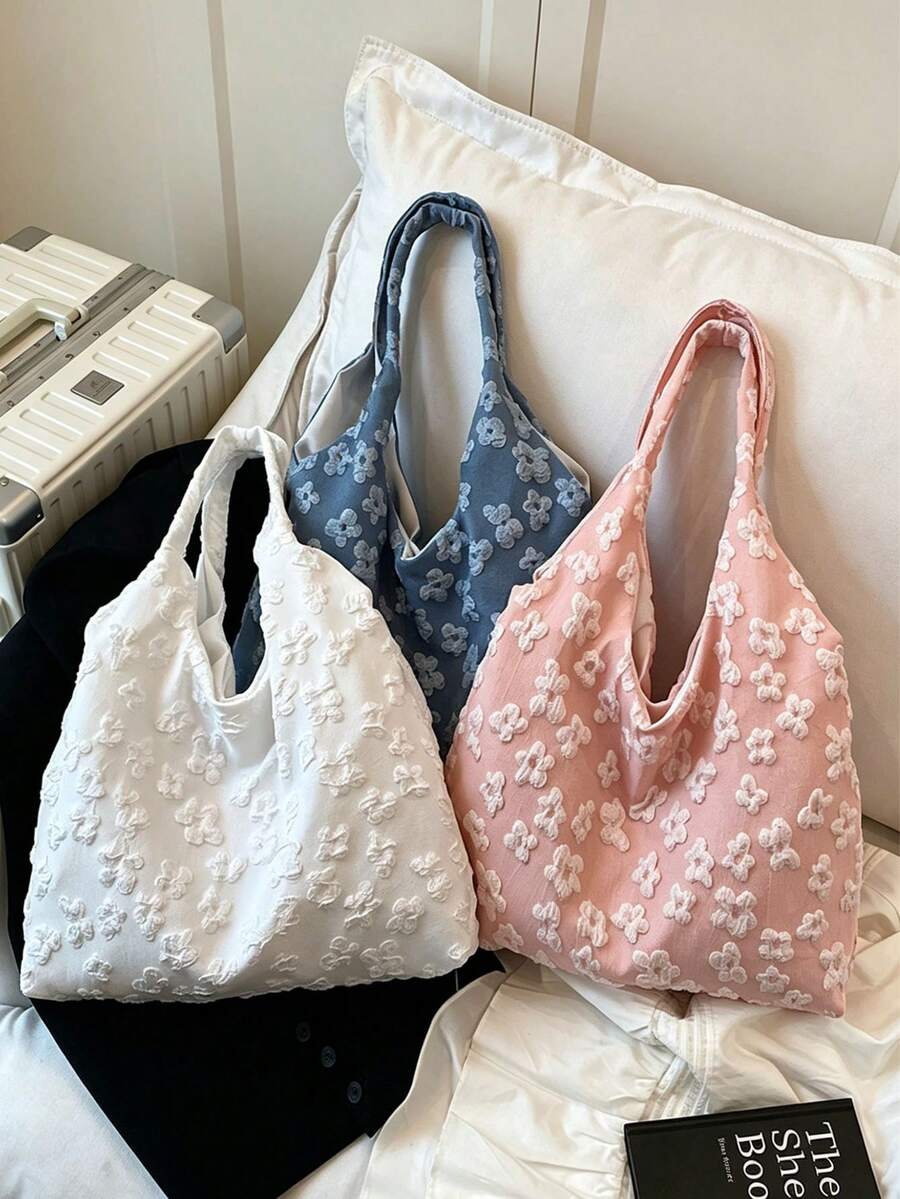 1pc/4pcs Back To School 3D Floral Embossed Canvas Tote Bag, Large Capacity Macaron Color Flower Shoulder Handbag, Student Casual Aesthetic School Bag, Suitable For Library, Classroom, Travel