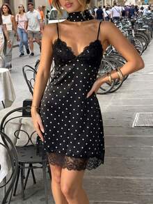 Women's Casual Polka Dot Spaghetti Strap Mini Dress, Contrast Lace Trim, Summer Style Elegant Vacation Party Black - Black - View 5