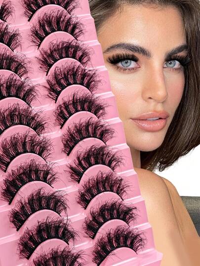 10 Pairs 8D Fluffy Cat Eye False Eyelashes, D Curl Cartoon Style, Faux Mink Fur 8-18mm, Reusable For Daily And Holiday Wear