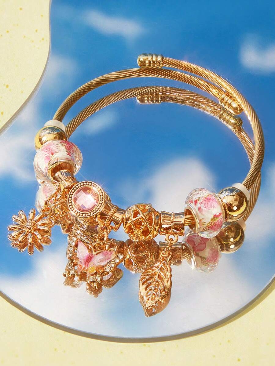 Popjeli 1pc Stainless Steel Bracelet With Colorful Butterfly, Leaf & Daisy Charm - Gold Pink - View 1