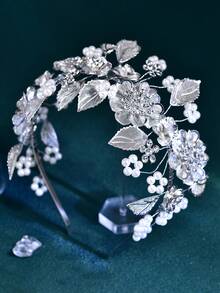 1pc Elegant Bridal Headband Alloy Flower & Leaf Design For Women, Suitable For Wedding Party - Silver - View 8