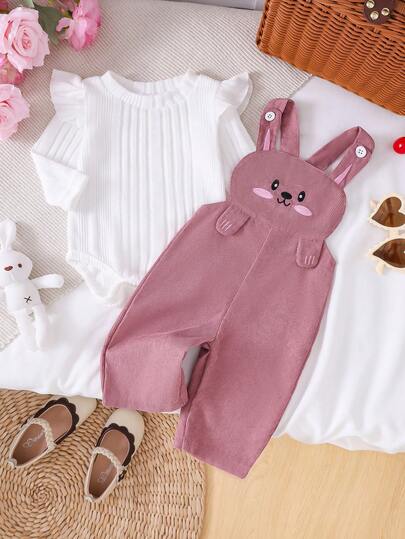 2pcs/Set Baby Spring/Autumn Long Sleeve Casual Top + Cartoon Rabbit Embroidery Overalls