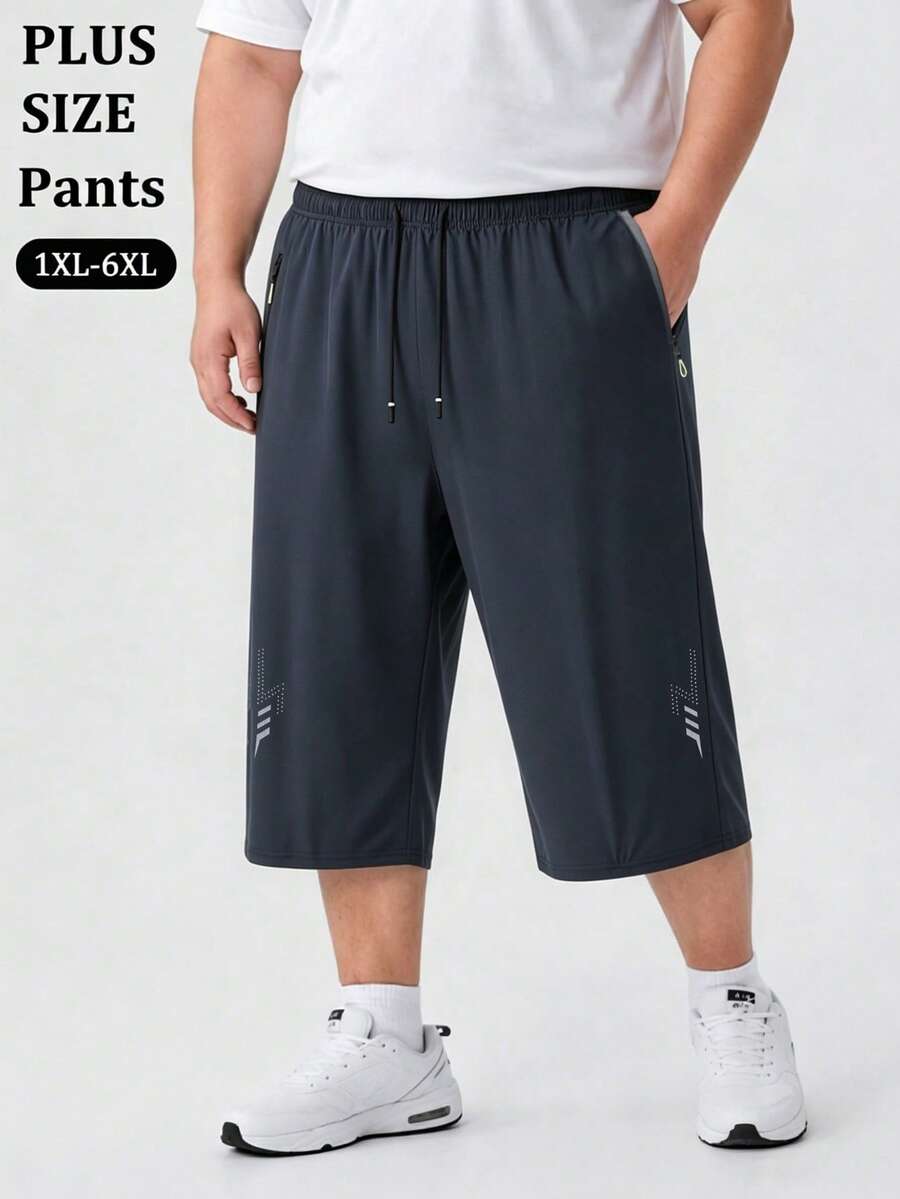 Men's Plus Size Summer Cropped Length Pants, Drawstring Elastic Waist, Zipper Side Pockets, Lightning Print Quick-Dry Loose Casual Pants - Navy Blue - View 1