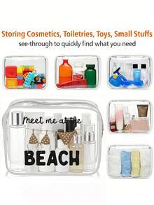 「Meet Me At The Beach」字母印花 PVC 防水沙灘包，豹紋泳裝圖案，PVC 化妝包，拉鍊密封 PVC 旅行收納袋，輕量耐褪色女士化妝盥洗包，TSA 認證便攜化妝收納盒，易清潔設計，適合母親、老師、朋友、護理師，適用於學校、度假、假日、返校用品盥洗包 - 彩色 - 查看 6