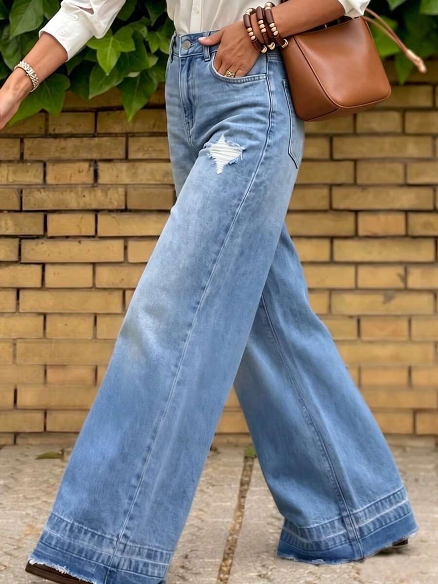 Women's Casual High Waist Wide Leg Distressed Ripped Frayed Hem Jeans, Street Vacation Commute Summer Long Pants - Medium Wash - View 1