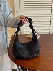 1件裝黑色蝴蝶結尼龍布料抓皺雲朵包，拉鍊開合，女款單肩斜跨手提托特包，四季適用，青春風格 - 黑色 - 查看 3