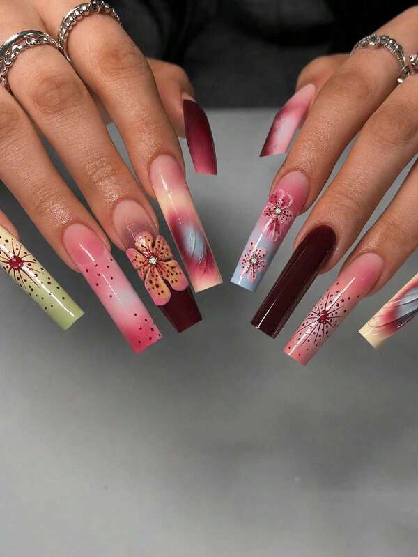24pcs Long Nails With Floral Stamen, Sweet & Cool Hot Girl Style, Flower Gradient Blush Ballet Nails + 1pc Jelly Glue + 1pc Nail File