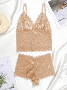 1 Set Women's Longline Wireless Lace Embroidered Floral Bra Set - Apricot - View 8