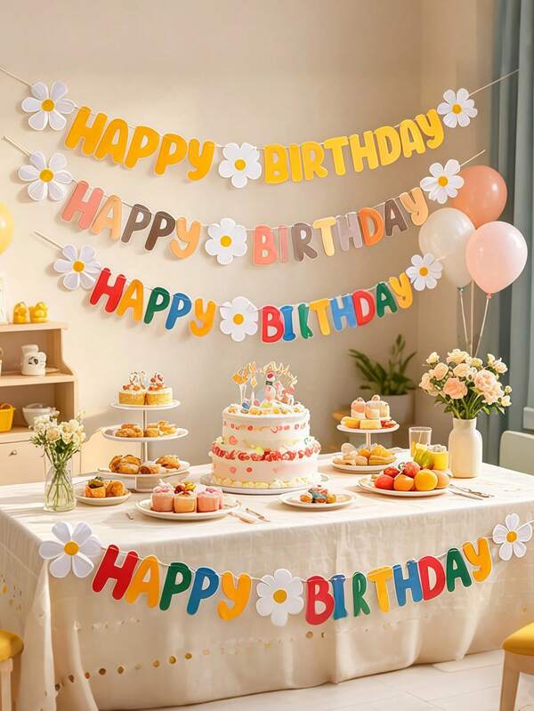 1 ชุด ธงประดับลายดอกไม้, ธงสีสัน, ธงประดับวันเกิด HB Happy Birthday ลายดอกเดซี่, ธงประดับวันเกิดภาษาอังกฤษสไตล์โมริสีชมพู, ตกแต่งวันเกิด, เหมาะสำหรับงานปาร์ตี้วันเกิด, งานปาร์ตี้ตามธีม, วันครบรอบ