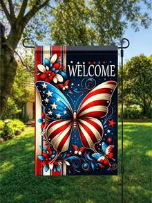 2D Flat 1pc Single Independence Day Welcome Garden Flag - A Patriotic Design Featuring Butterflies And The American Flag, With A Red, White, And Blue Floral Pattern, Perfect For Outdoor Decoration For July 4Th In Your Yard, Lawn - A - View 6