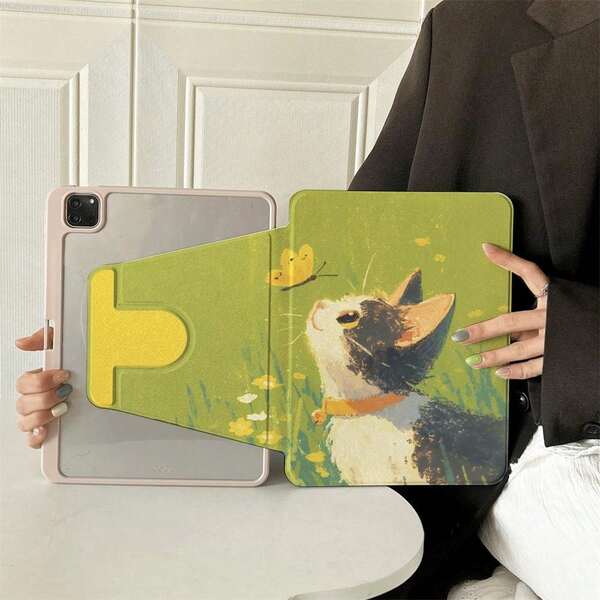1PC Oil Painting Cat Chasing Yellow Butterfly Print 360° Rotating Multi-Angle Viewing Book-Style Stand Protective Tablet Case Compatible With IPad Air 6/5/4 &10 (10.9 Inch)/Pro 2024/Air M3/A16 2025, Compatible With Samsung For Galaxy Tab S9 FE/S8 Plus/S7/S10,Compatible With Oppo Pad,Compatible With Huawei Matepad,Compatible With Vivo Pad,Compatible With Honor Pad,Compatible With Lenovo Xiaoxin Pad