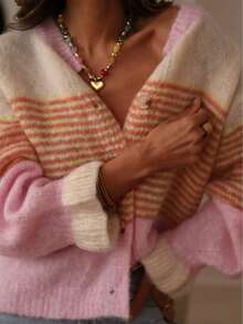 Early Autumn New Striped Colorblock Cardigan Sweater, Loose Straight Silhouette Niche Style Outerwear Fall - Hot Pink - View 6
