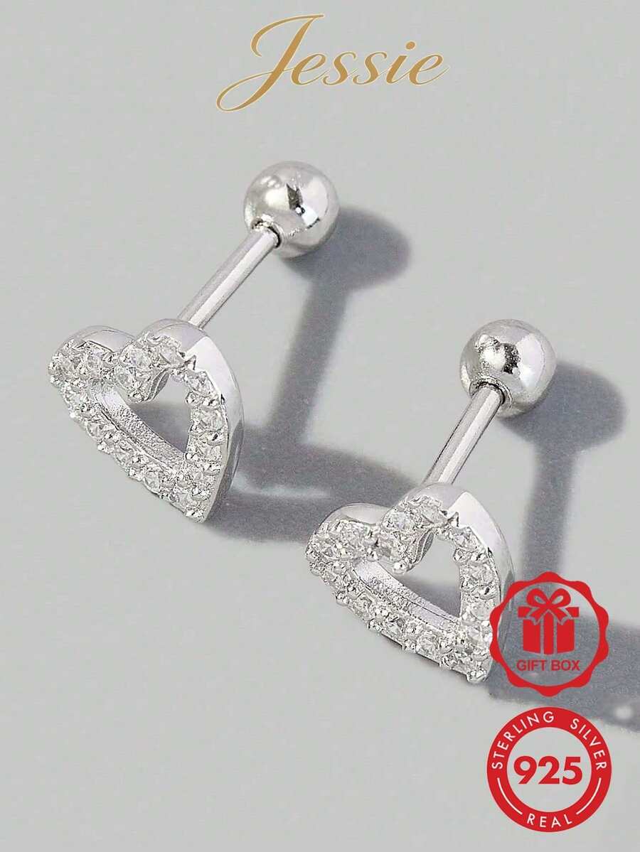 Vaerine Cubic Zirconia Heart Decor Silver Stud Earrings Valentines - Silver - View 1