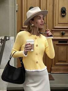 Fall Clothes For Women Casual Color Block Crew Neck With Gold Buttons Ruffle Trim Long Sleeve Knit Cardigan Yellow - Yellow - View 5