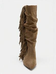 Botas altas con tacón de gatito fruncidas 2025, punta puntiaguda, por encima de la rodilla, botas de montar vintage de caña ancha, botas vaqueras - Marrón - Ver 6