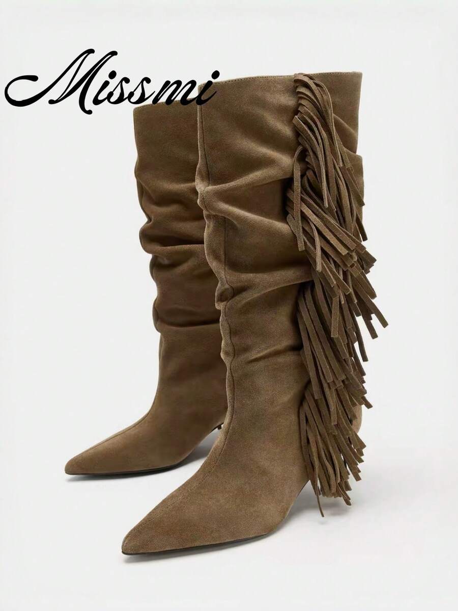 Botas altas con tacón de gatito fruncidas 2025, punta puntiaguda, por encima de la rodilla, botas de montar vintage de caña ancha, botas vaqueras - Marrón - Ver 1