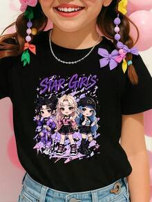 Verano 2026, Camiseta Gráfica para Niñas con Estampado de Estrellas Chibi, Camiseta de Manga Corta con Personajes de Anime Kawaii para Niñas, Top Casual Estilo Y2K, Camiseta con Estampado de - Negro - Ver 1