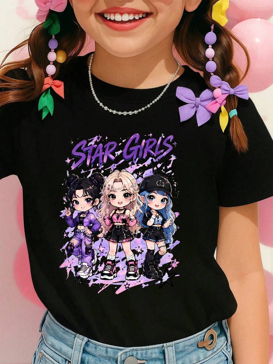 Verano 2026, Camiseta Gráfica para Niñas con Estampado de Estrellas Chibi, Camiseta de Manga Corta con Personajes de Anime Kawaii para Niñas, Top Casual Estilo Y2K, Camiseta con Estampado de - Negro - Ver 1