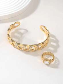 1pc Luxury, Exquisite, Elegant Alloy Bracelet And 1pc Ring Set, Sparkling Rhinestone Jewelry Set, Suitable For Holidays, Parties, Dates, Gifts And Daily Wear, Perfect Holiday Gift. - Gold - View 7