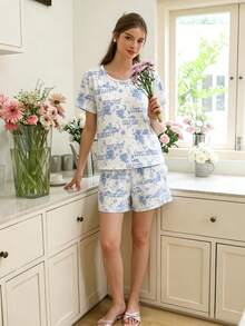 White Letter Print Short Sleeve & Shorts 2 Pieces Pajama Set - White - View 2