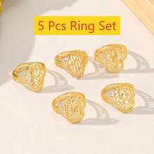 5Pcs 24K Gold Plated Hollow Filigree Open Ring Set, Vintage Floral Leaf Wide Statement Rings, Non Tarnish Hypoallergenic Women Stacking Jewelry - Gold - View 9