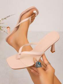 Apricot Open Toe Thong High Heel Sandals, Breathable Multi-Functional Minimalist Thin Heel Square Toe Sandals For Women, Suitable For Summer Wear - Apricot - View 9