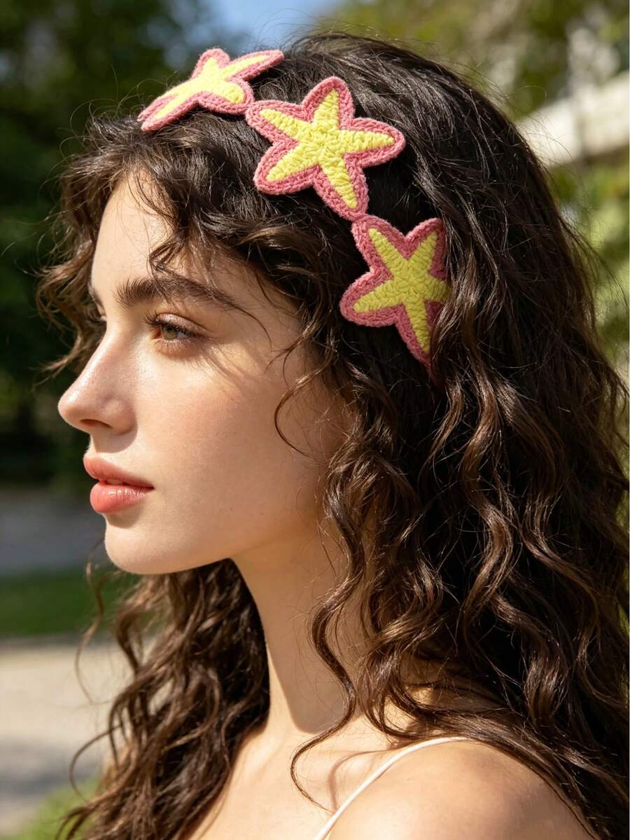 1pc Fashionable Holiday Casual Versatile Yellow Knitted Star Headband Summer Hair Accessories Beach Scarf Vacay Bandanas - Yellow - View 1
