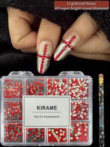 KIRAME 1800顆紅色平底圓形水鑽，高品質超亮美甲寶石套組，含1件點花工具，1-5mm亮面美甲水晶，適用DIY居家美甲、美甲沙龍、美甲用品、夏季與旅行美甲、節日禮物美甲飾品 - 紅色 - 查看 7