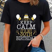 Women's Casual Summer T-Shirt With Mexican Cartoon Balloon And Cake Print, Round Neck, Commode Sleeves, Commode, Commode - 黑色 - 查看 1