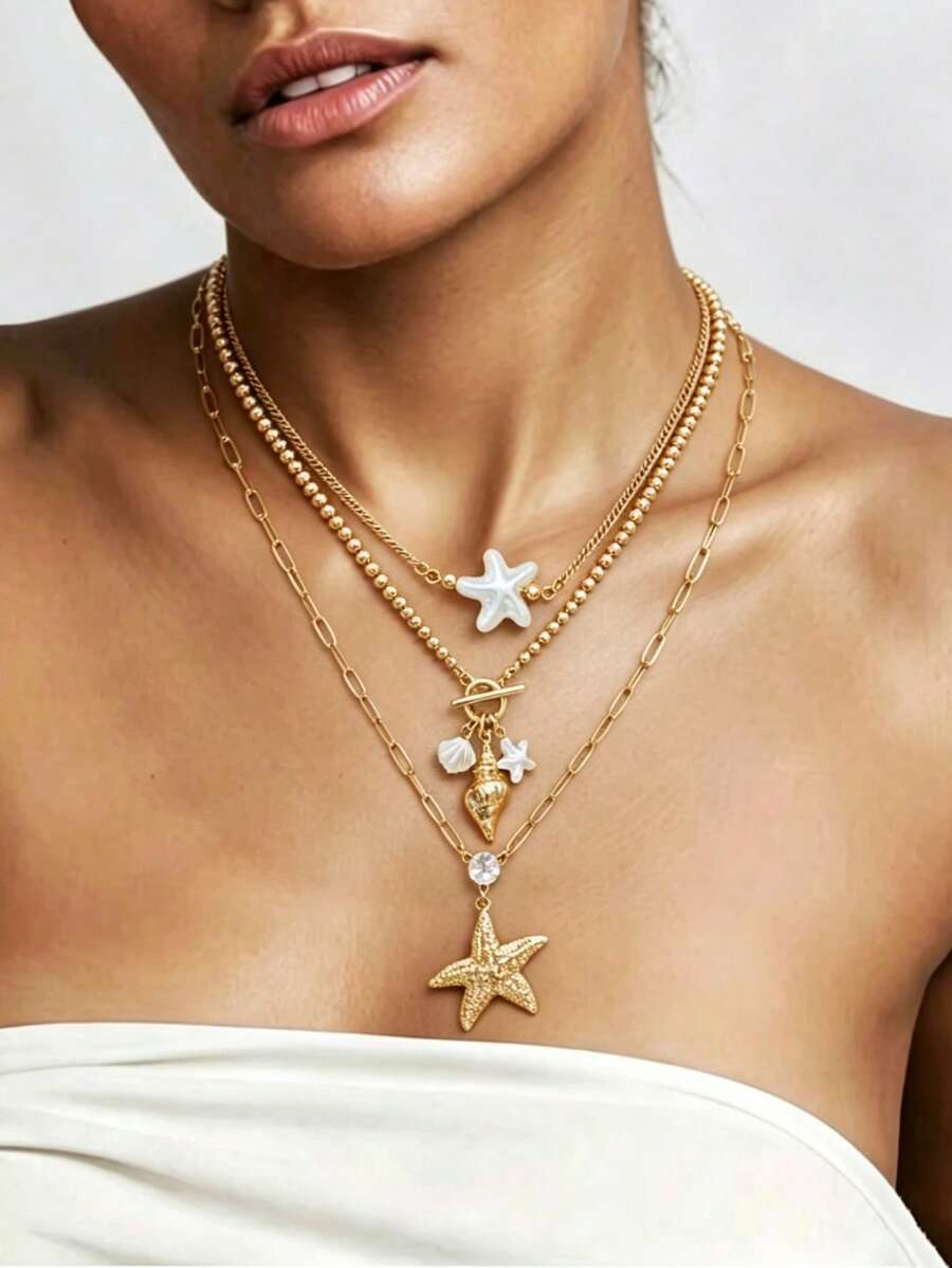 3件組女款時尚海灘度假海洋風貝殼海星白色水鑽仿珍珠海星吊墜三層項鍊,迴紋針鏈條串珠鏈層次項鍊,適合旅行度假、海灘派對與日常穿搭 - 多層項鍊 - 查看 1