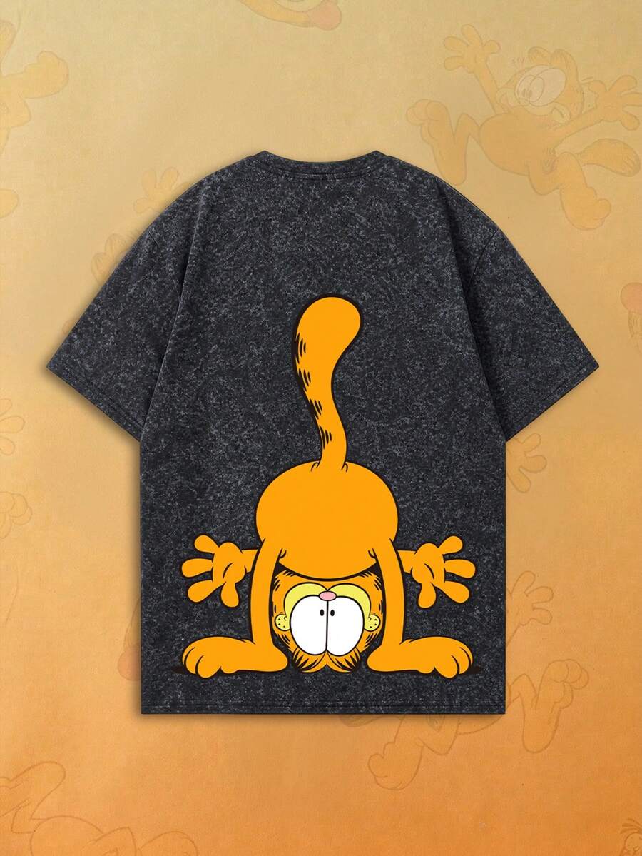 SHEIN | Garfield Áo thun nữ màu xám wash hai mặt, in hình mèo hoạt hình hài hước trồng cây chuối và chữ đỏ, tay ngắn dáng rộng, phong cách street girl mặc hàng ngày - màu đen - Xem 1