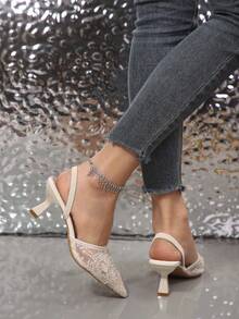 Sandalias elegantes de malla con lazo, sin espalda, versátiles, de punta fina, tacón bajo y correa trasera para niña - Blanco - Ver 6