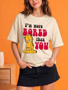 SHEIN | Garfield 女款米色圓領T恤，暴躁卡通與標語印花，寬鬆短袖，適合日常街頭休閒穿著 - 杏色 - 查看 3