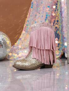 NILOSH Girls' Glitter Tassel Denim Boots, Western Mid-Calf Boots, Suitable For Party, Dance And Performance - Baby Pink - View 9