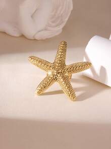 1pc Minimalist Fashion Starfish & Scallop Shell Ring, 18K Gold Plated Stainless Steel Beach Style Vacation Exaggerated Jewelry, Suitable For Women's Daily Wear - Multicolor - View 2