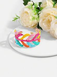 1 peça Pulseira aberta de mulher estilo boémio de verão em ráfia trançada com forma de folha, pulseira ajustável trançada colorida com folha vazada, acessório de pulso personalizado para férias tropicais na praia - Multicolorido - Ver 10