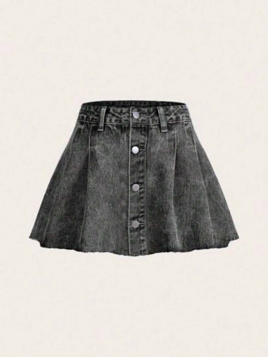 ICON Falda vaquera casual de corte y plisada de un solo abotonado, apta para uso diario - Gris Claro - Ver 1
