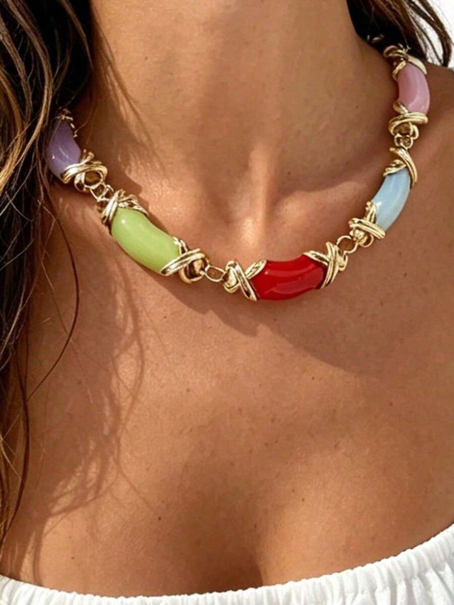 1pc/Bohemian Style Dopamine Color Palette Colorful Rectangular Acrylic Beaded Necklace - Women's Vibrant Collarbone Chain, Suitable For Daily Wear And Vacation, Cute Necklace (Accessory Color Random)