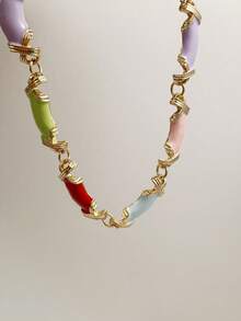 1pc/Bohemian Style Dopamine Color Palette Colorful Rectangular Acrylic Beaded Necklace - Women's Vibrant Collarbone Chain, Suitable For Daily Wear And Vacation, Cute Necklace (Accessory Color Random) - 32745-nek-colour - View 9