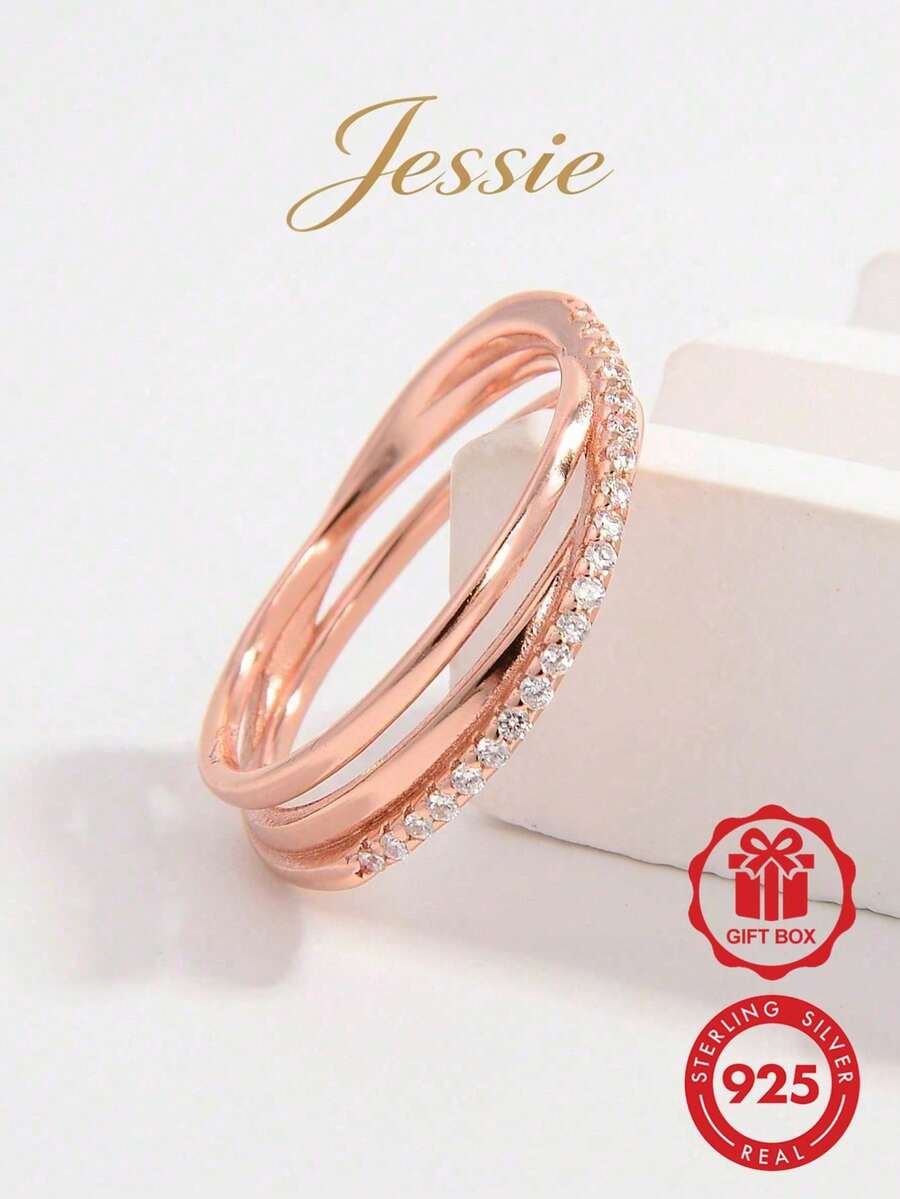 Jessie Jewelry 1 件优雅别致的 925 银不对称交叉设计锆石戒指,送给女性的迷人礼物 - 玫瑰金 - 查看 1