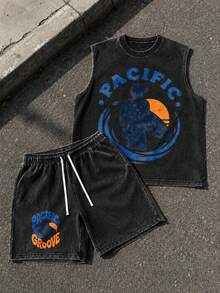 Completo estivo da uomo in cotone lavato, ampio, con canotta senza maniche e pantaloncini, stampa frontale con grafica di un surfista del Pacifico, disponibile in vari colori, abbigliamento casual per vacanze al mare e incontri del fine settimana. - nero - Visualizzare 2