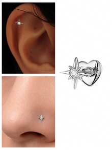 1 pièce pièce Clou de nez en argent sterling 925 avec étoile octogonale en zircone cubique, bijou de piercing corporel hypoallergénique, anneau de nez, unisexe, convient pour le port quotidien et comme cadeau - Argent - Voir 5