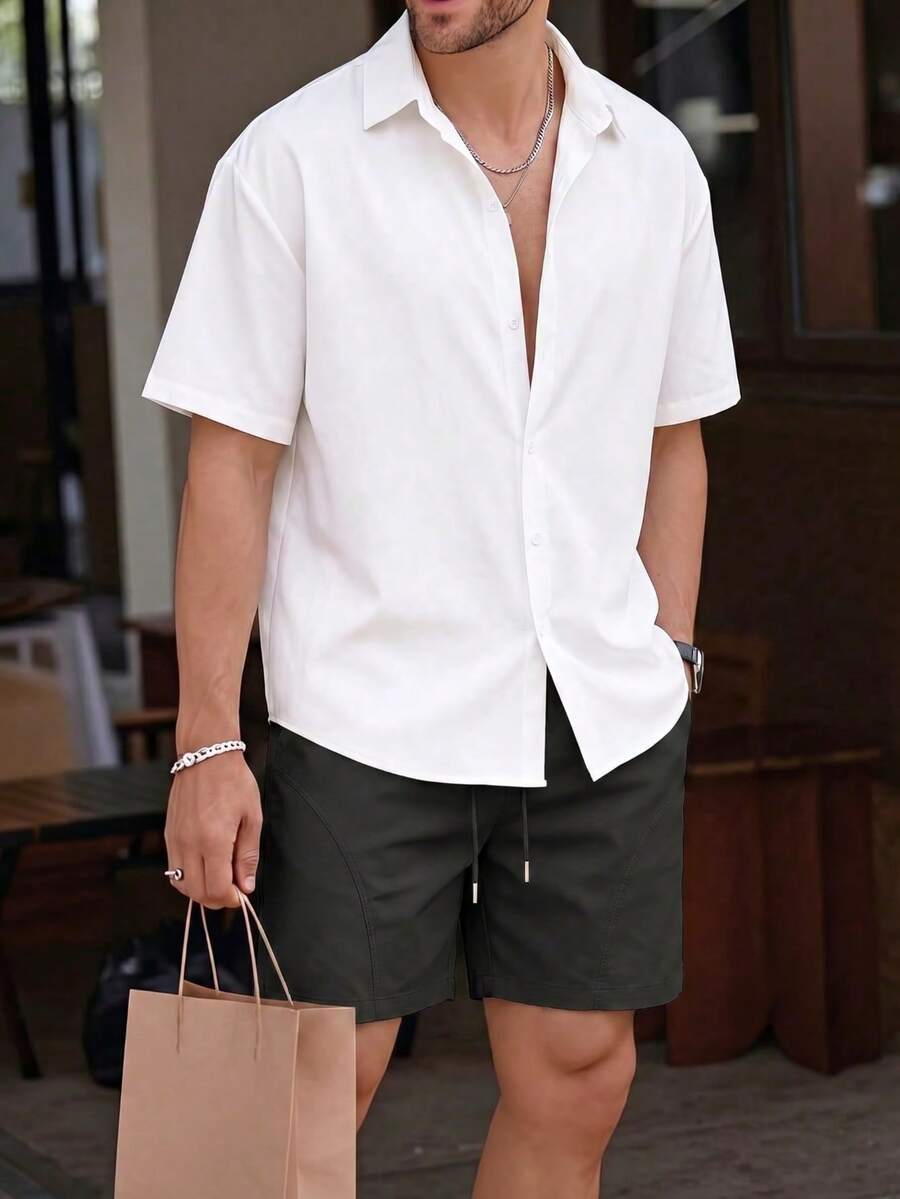 Men's White Loose Short Sleeve Shirt + Beige Straight Leg Shorts Set, Men's Outfit, Minimalist Solid Color Design, Breathable Polyester Fabric, Men's Shirt, Machine Washable, Pool Essential, Summer Beach Casual Lazy Two Pieces Set - Multicolor - View 1