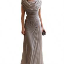 Vestido largo plisado con cuello drapeado, elegante y ajustado, estilo europeo y americano 2026 - Rojo - Ver 5